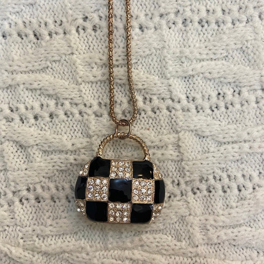 Plaid Black Enamel Rhinestone Purse Necklace