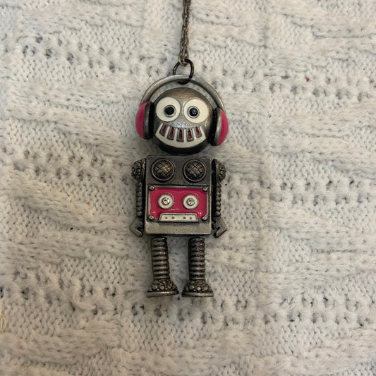 Enamal Silver Toned Robot Pendant Necklace
