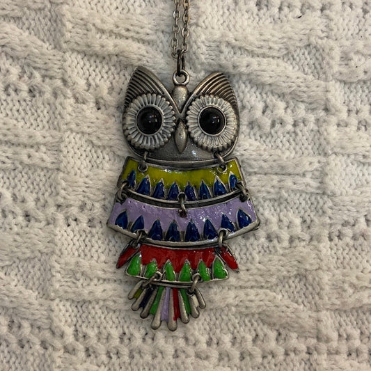 Enamal Multi Colored Owl Pendant Silver Toned Necklace