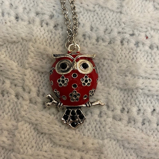 Enamal Red Owl Silver Toned Necklace