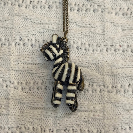 Enamal Black and White Zebra Pendant with Brass Chain Necklace
