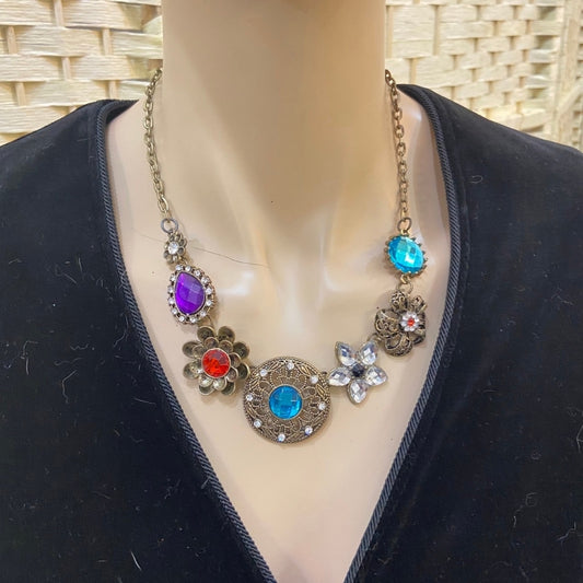 Multi Colored Floral Rhinestones Pendant Necklace