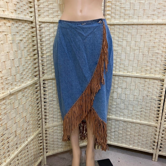 Seruchi, Denim Skirt with Leather Tassels - Size 7/8