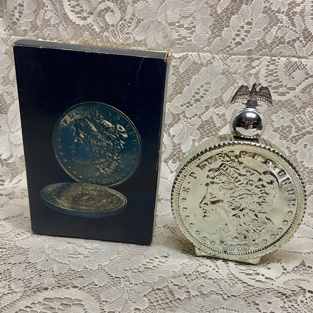 Vintage 1970s Avon Oland After Shave, Morgan Dollar Silver Piece Decanter 6Fl Oz
