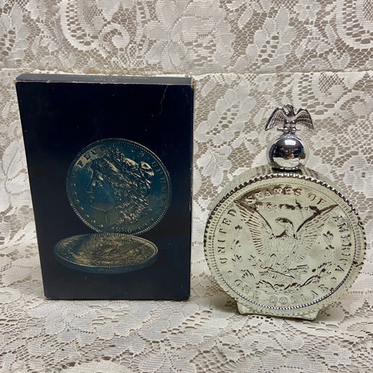 Vintage 1970s Avon Oland After Shave, Morgan Dollar Silver Piece Decanter 6Fl Oz
