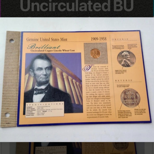 Genuine United States Mint: 1909-1958 BU Copper   Lincoln Wheat Cent