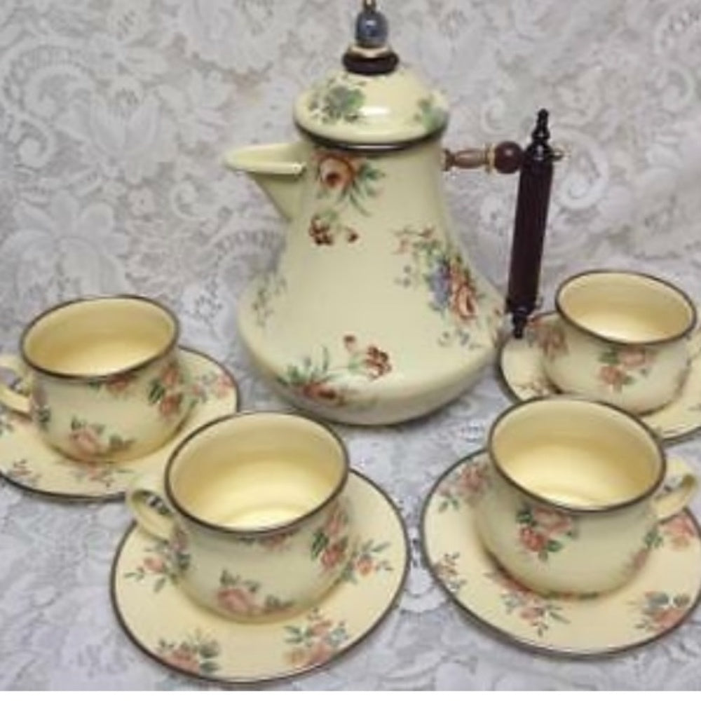 1983-1995 Camp MacKenzie Childs Ltd., Beige Floral Enamelware, 11pcTea Set
