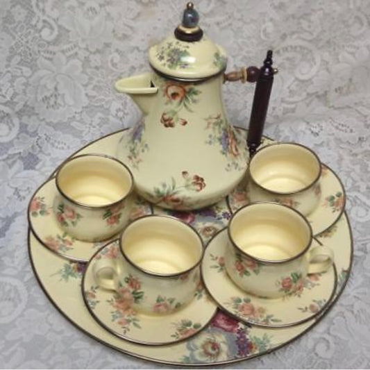 1983-1995 Camp MacKenzie Childs Ltd., Beige Floral Enamelware, 11pcTea Set