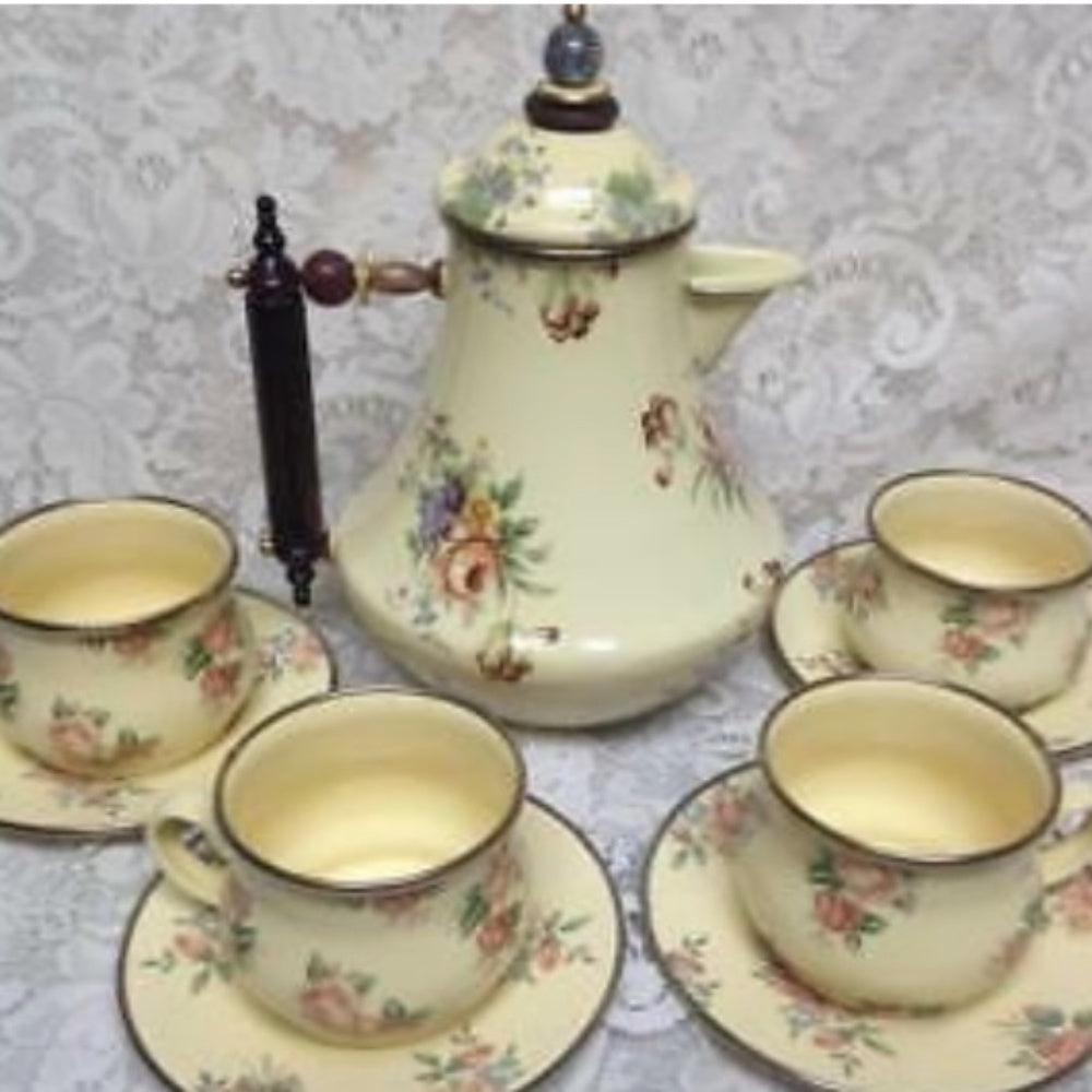 1983-1995 Camp MacKenzie Childs Ltd., Beige Floral Enamelware, 11pcTea Set