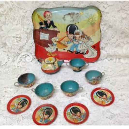 1940-50s Ohio Art, #105 The Wedding, 12pc Childs Tin Tea Set