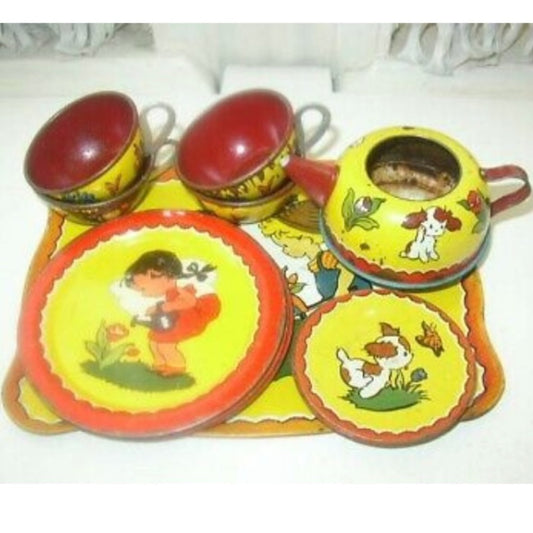 1940s #173 Boy-Girl in Garden, Ohio Art  14-pc Child’s Tin Tea Set