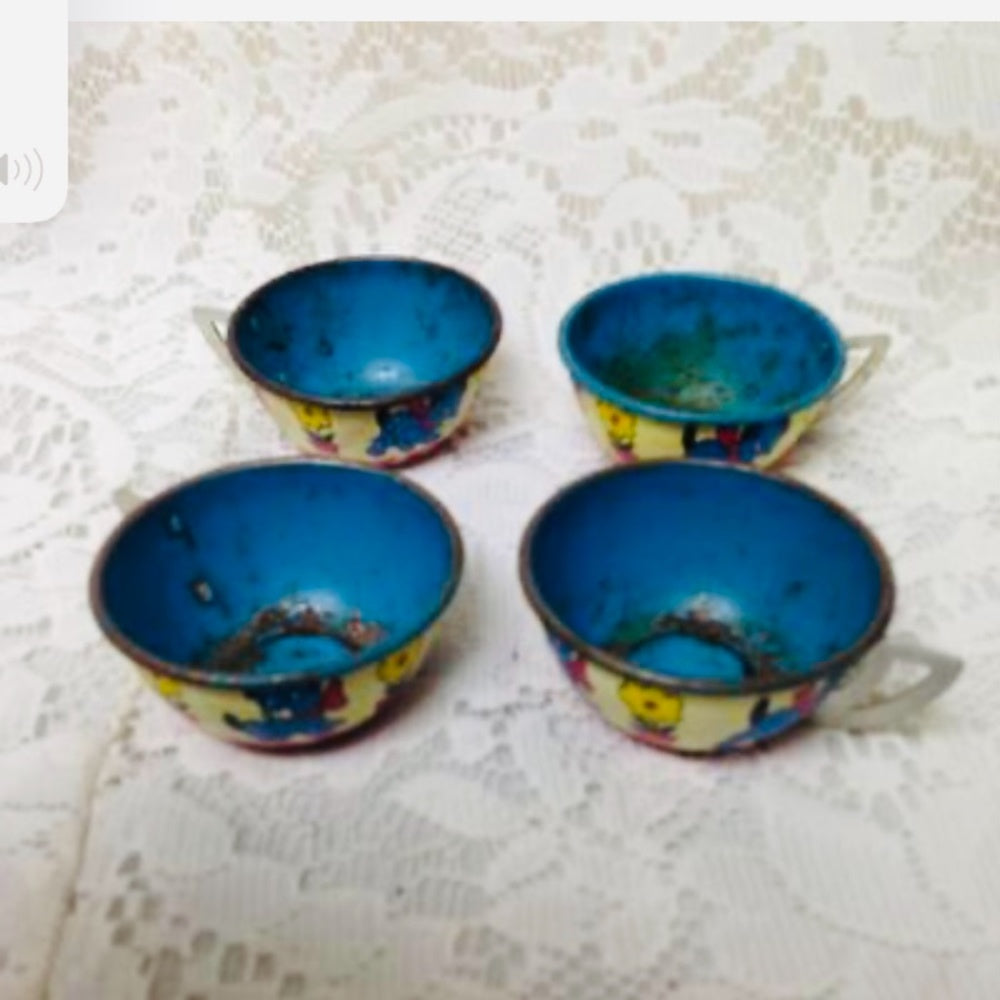 1940-50s Ohio Art, Red Plaid 11-pc Child’s Tin Tea Set