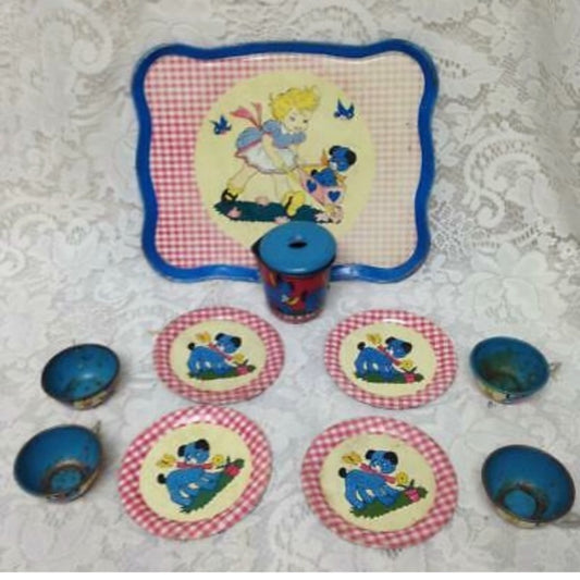 1940-50s Ohio Art, Red Plaid 11-pc Child’s Tin Tea Set