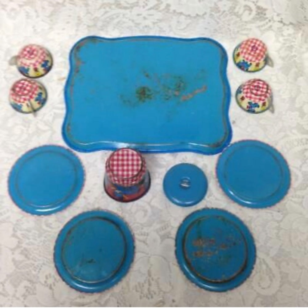 1940-50s Ohio Art, Red Plaid 11-pc Child’s Tin Tea Set