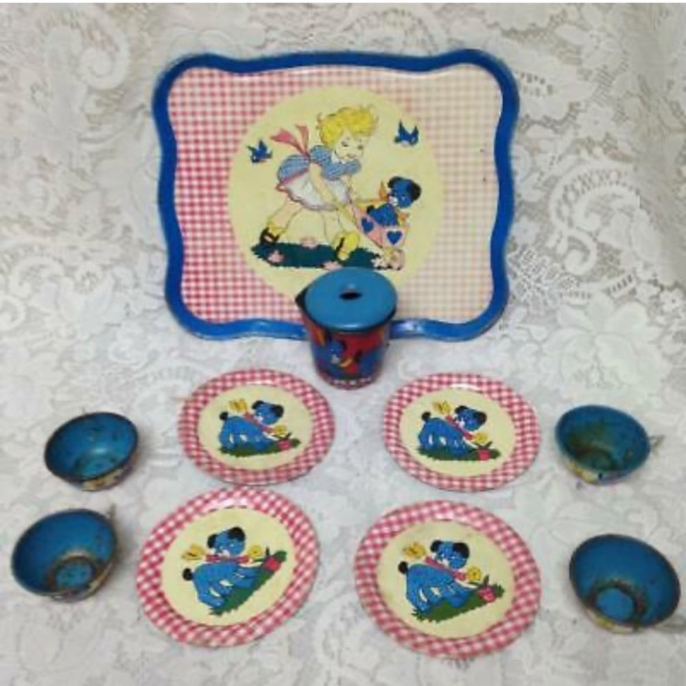 1940-50s Ohio Art, Red Plaid 11-pc Child’s Tin Tea Set