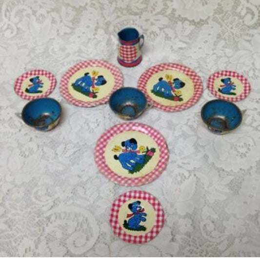 1940-50s Ohio Art, Red Plaid 10-pc Child’s Tin Tea Set