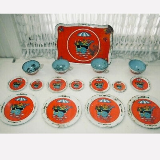 1940-50s Rare, Ohio Art, Floral Wheelbarrow, 16-pc Child’s Tin Tea Set