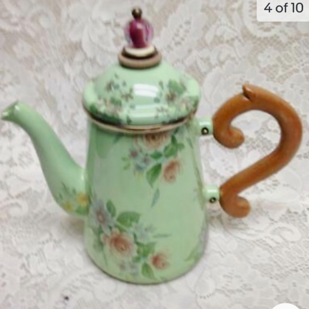 Vintage, MacKenzie Childs Green Enamelware 5pcTea Set