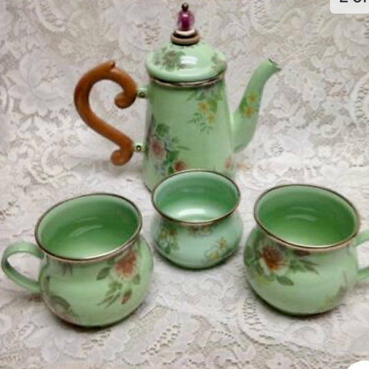 Vintage, MacKenzie Childs Green Enamelware 5pcTea Set