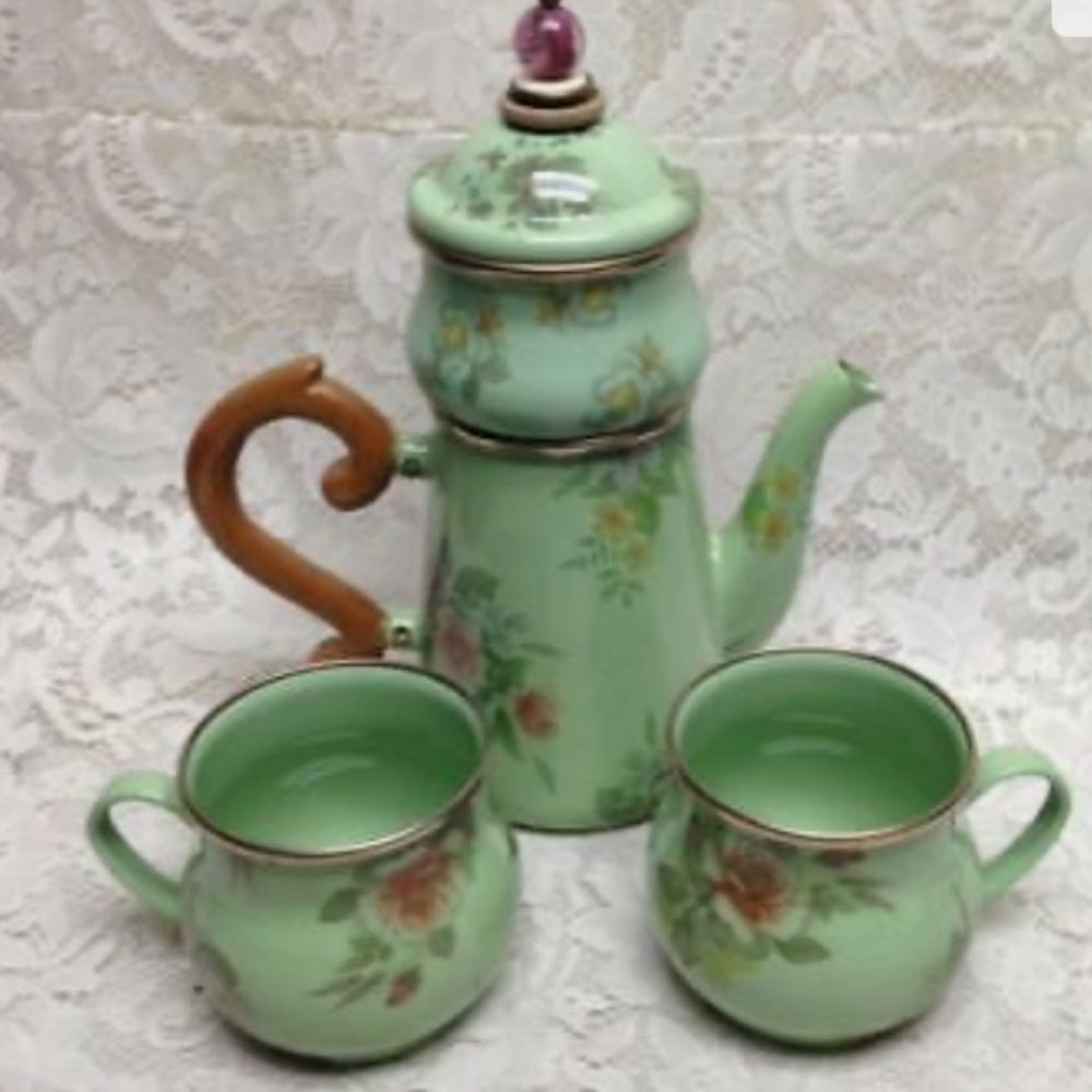 Vintage, MacKenzie Childs Green Enamelware 5pcTea Set