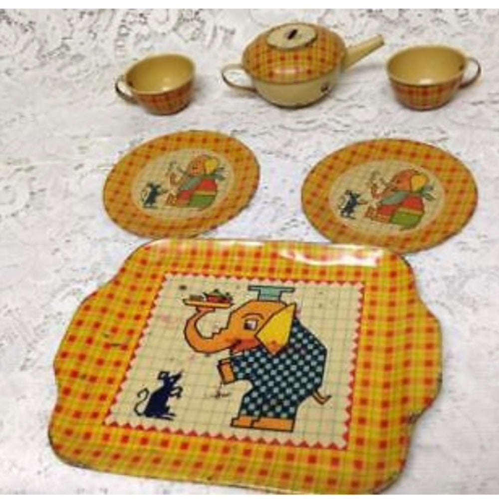 Vintage, Rare, J. Chein, 7pc Childs, Elephant Tin Tea Set