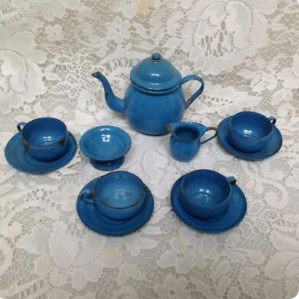 Vintage 12-pc French Blue Enamelware, Child’s Tea Set