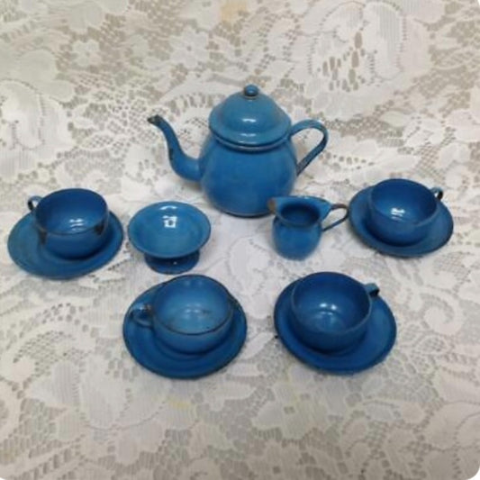 Vintage 12-pc French Blue Enamelware, Child’s Tea Set