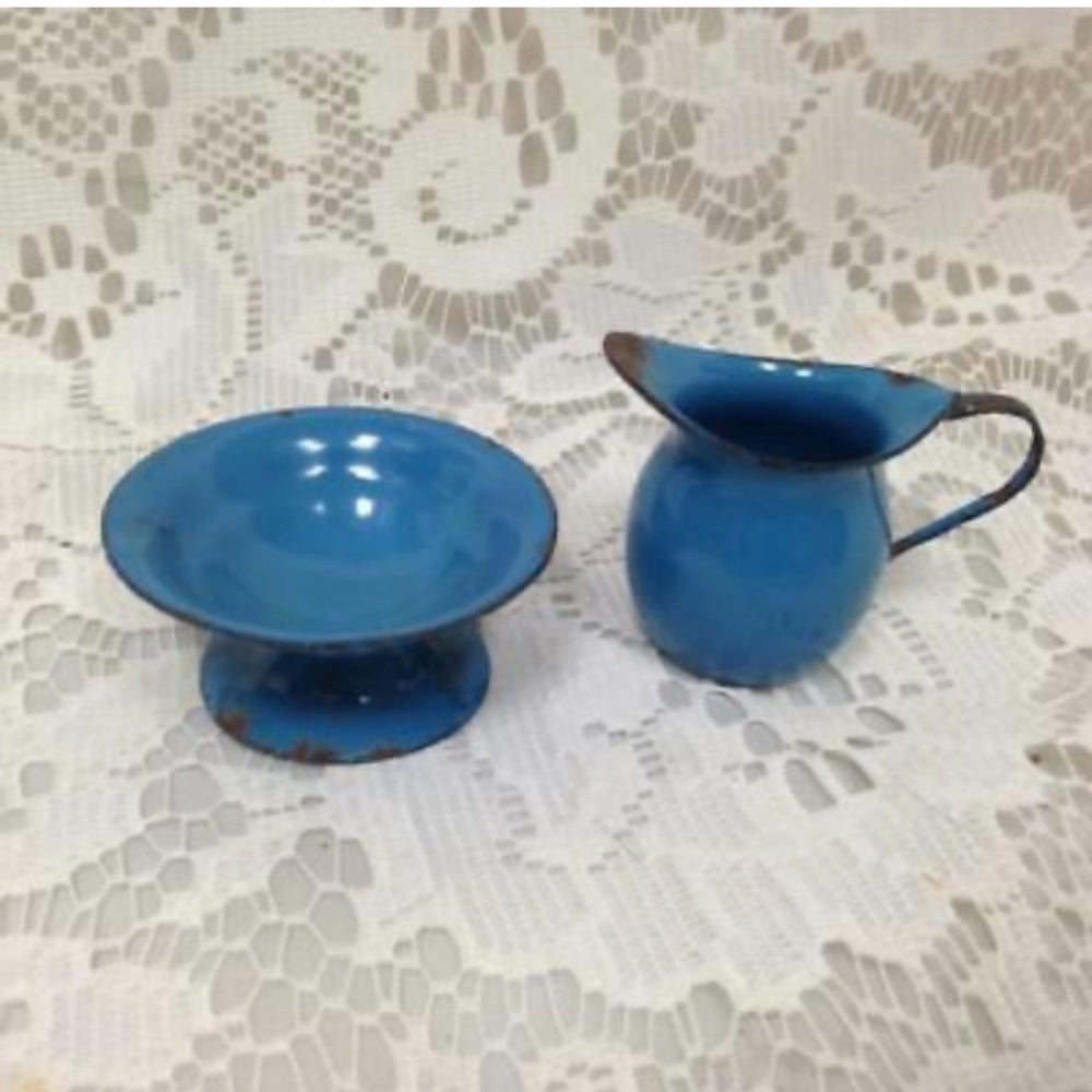 Vintage 12-pc French Blue Enamelware, Child’s Tea Set