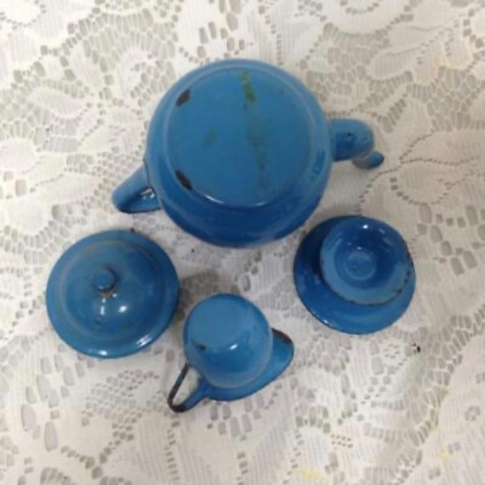 Vintage 12-pc French Blue Enamelware, Child’s Tea Set