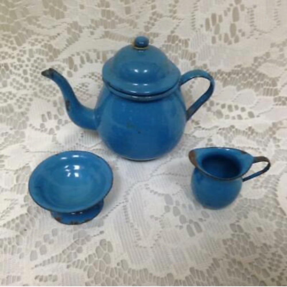 Vintage 12-pc French Blue Enamelware, Child’s Tea Set