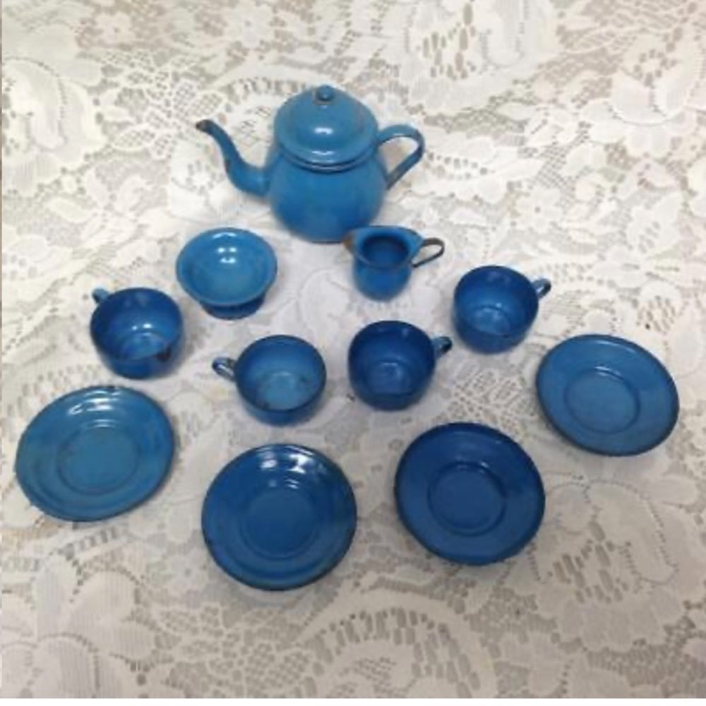 Vintage 12-pc French Blue Enamelware, Child’s Tea Set