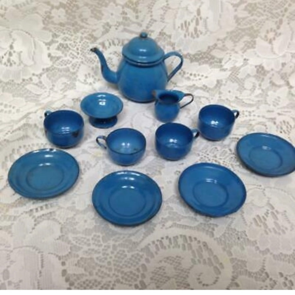 Vintage 12-pc French Blue Enamelware, Child’s Tea Set