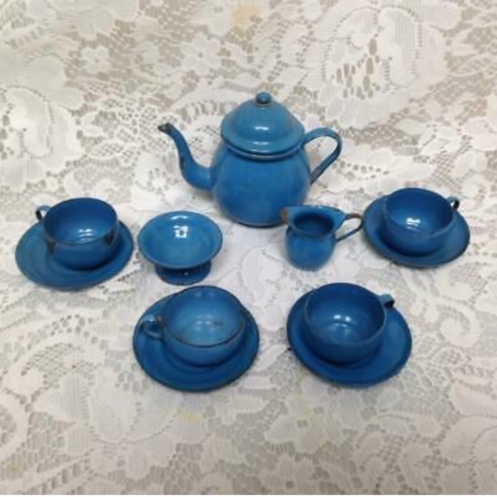 Vintage 12-pc French Blue Enamelware, Child’s Tea Set