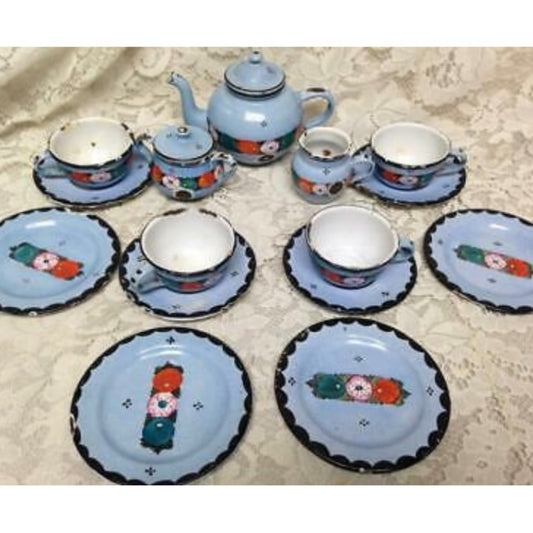 Antique,  Germany,  17-pc Blue Floral Child's Tea Set