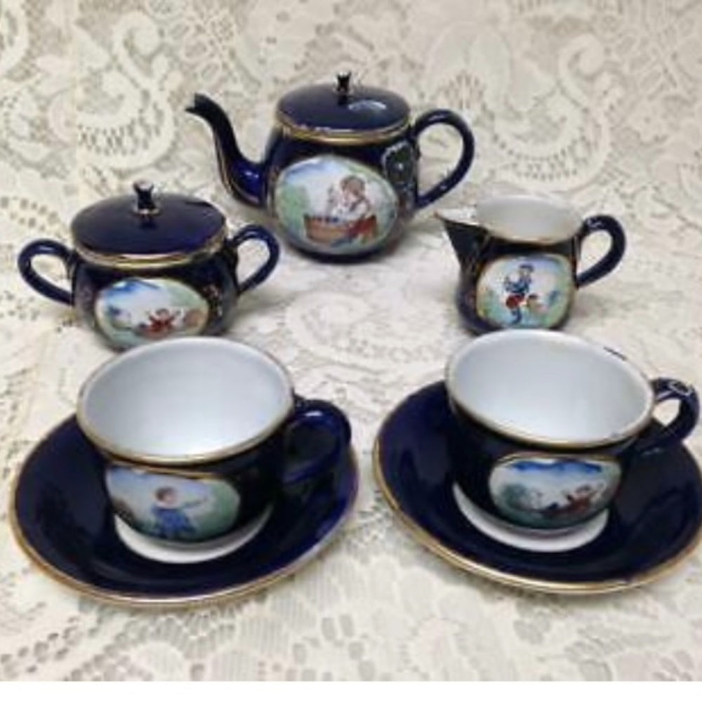 Antique, Rare, German Cobalt Blue Enamelware, 9pc Childs Tea Set