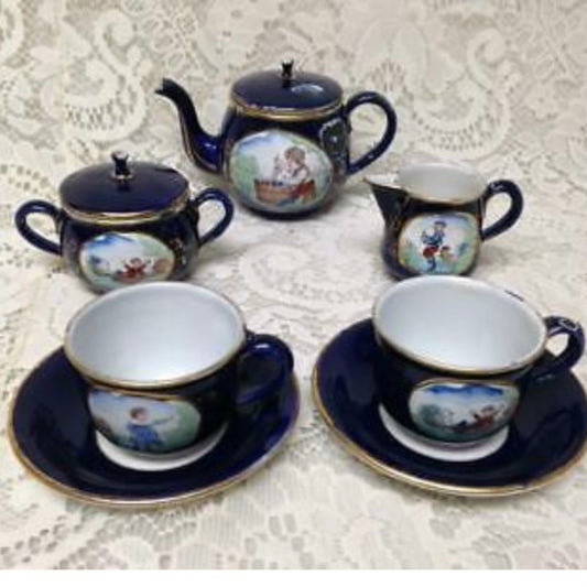 Antique, Rare, German Cobalt Blue Enamelware, 9pc Childs Tea Set