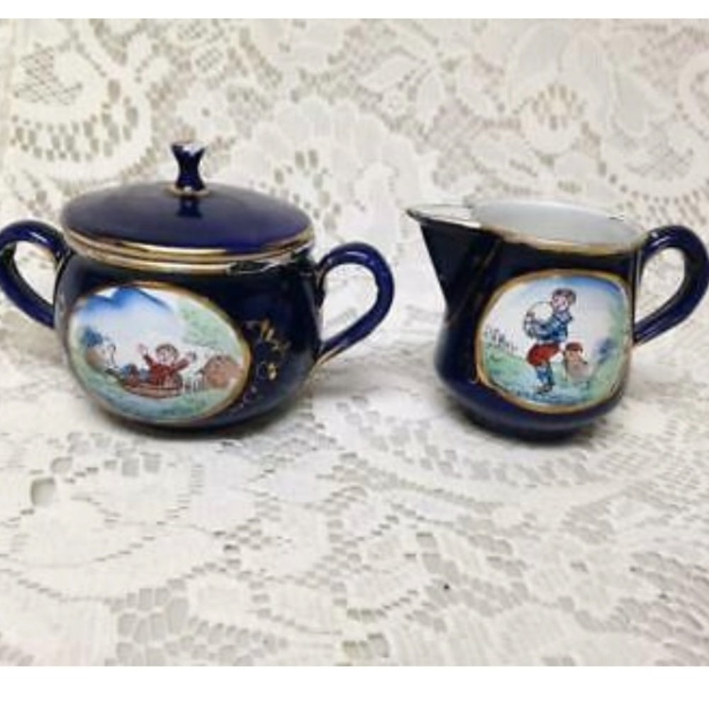 Antique, Rare, German Cobalt Blue Enamelware, 9pc Childs Tea Set