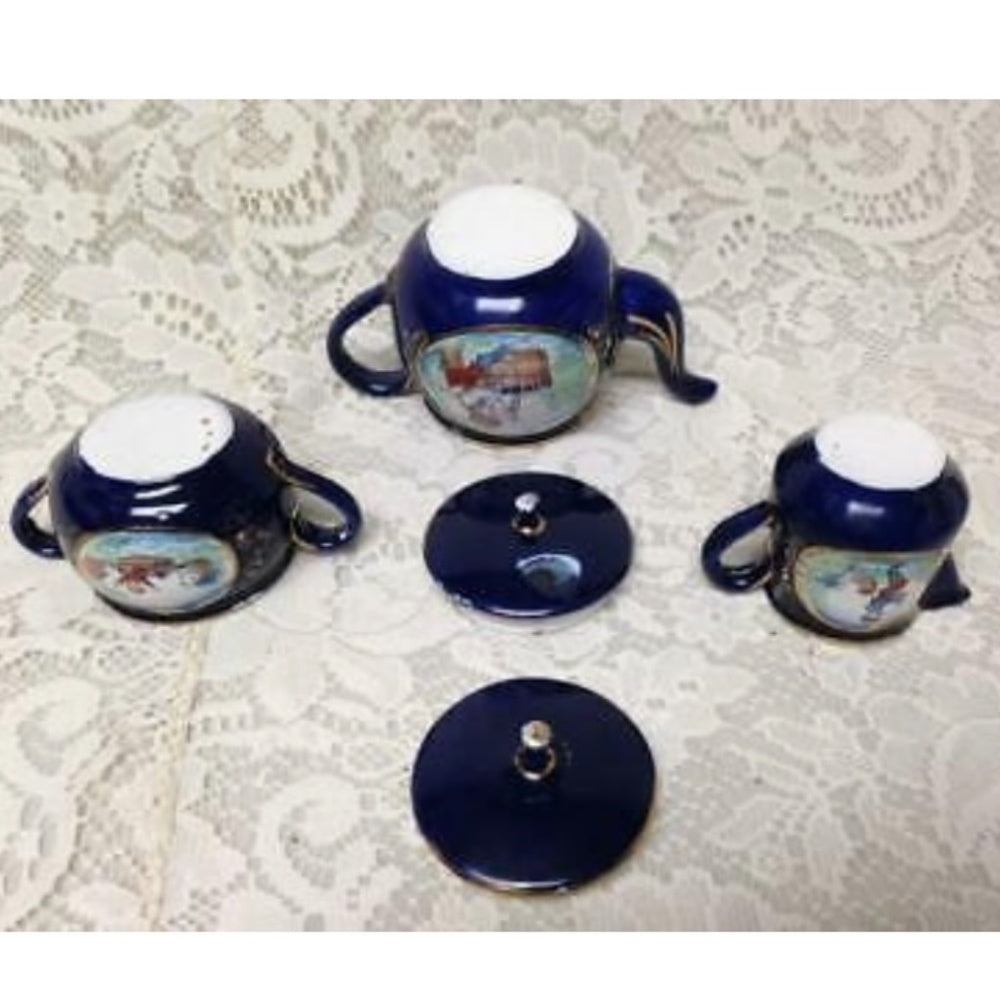 Antique, Rare, German Cobalt Blue Enamelware, 9pc Childs Tea Set