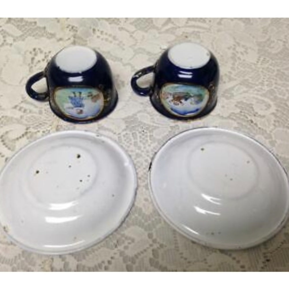 Antique, Rare, German Cobalt Blue Enamelware, 9pc Childs Tea Set