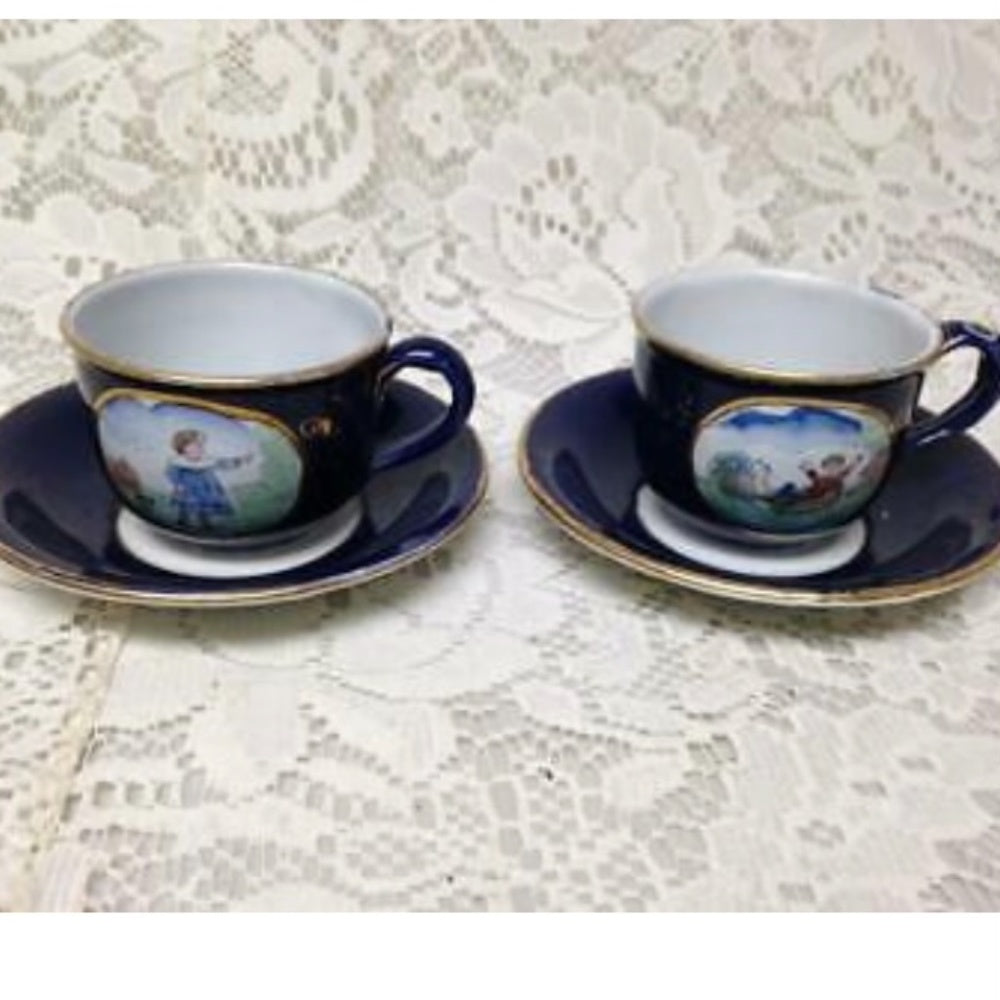 Antique, Rare, German Cobalt Blue Enamelware, 9pc Childs Tea Set