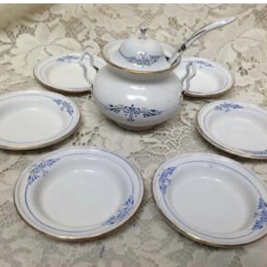 Antique, Germany, 9-pc White Enamelware with Trim, Child's Soup Tureen Set for 6