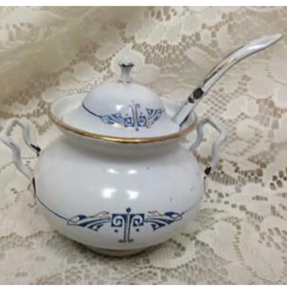 Antique, Germany, 9-pc White Enamelware with Trim, Child's Soup Tureen Set for 6