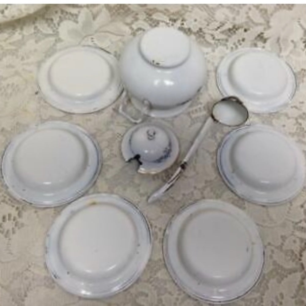 Antique, Germany, 9-pc White Enamelware with Trim, Child's Soup Tureen Set for 6