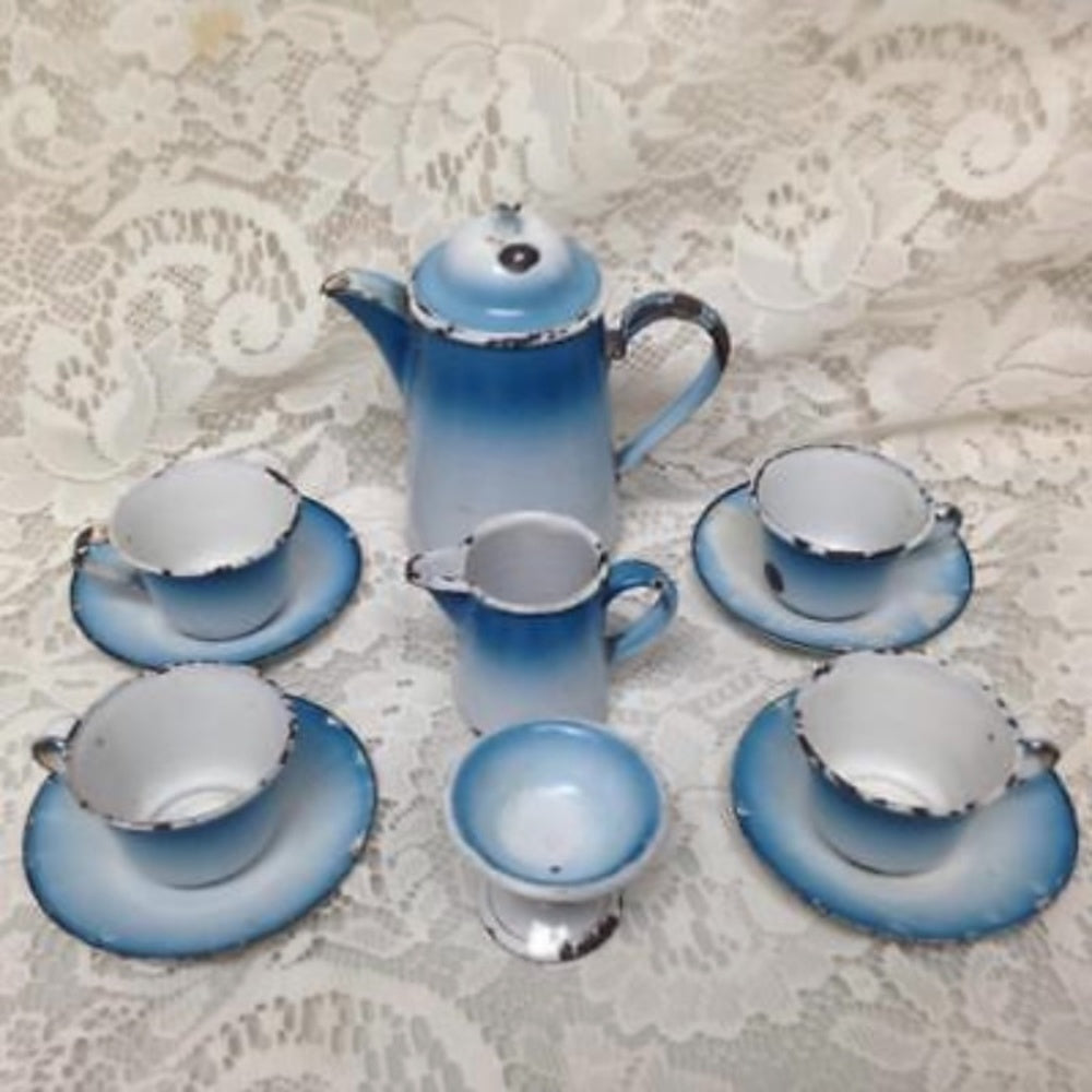 Antique, Rare, French Flow Blue  Enamelware, 12pc Childs Tea Set