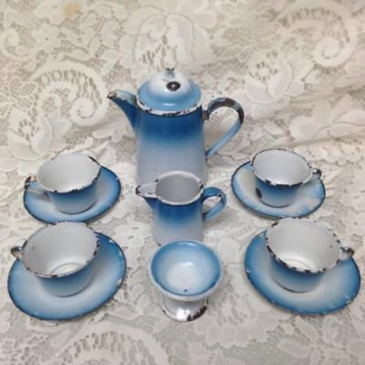 Antique, Rare, French Flow Blue  Enamelware, 12pc Childs Tea Set