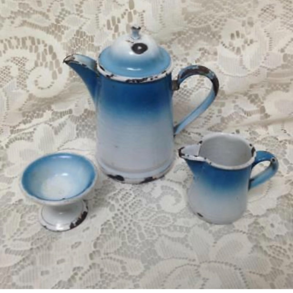 Antique, Rare, French Flow Blue  Enamelware, 12pc Childs Tea Set