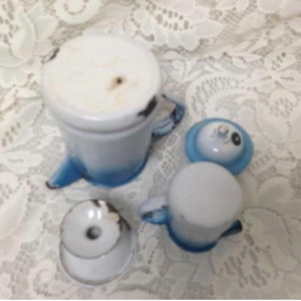 Antique, Rare, French Flow Blue  Enamelware, 12pc Childs Tea Set