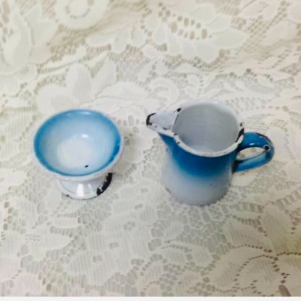 Antique, Rare, French Flow Blue  Enamelware, 12pc Childs Tea Set