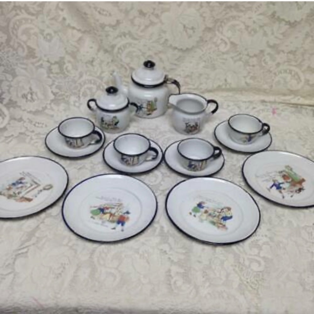 Antique, Rare, 17pc Nursery Rhyme,  Enamelware Tea Set (A)