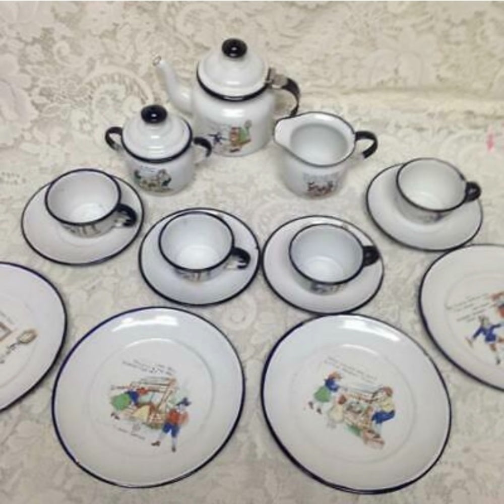 Antique, Rare, 17pc Nursery Rhyme,  Enamelware Tea Set (A)